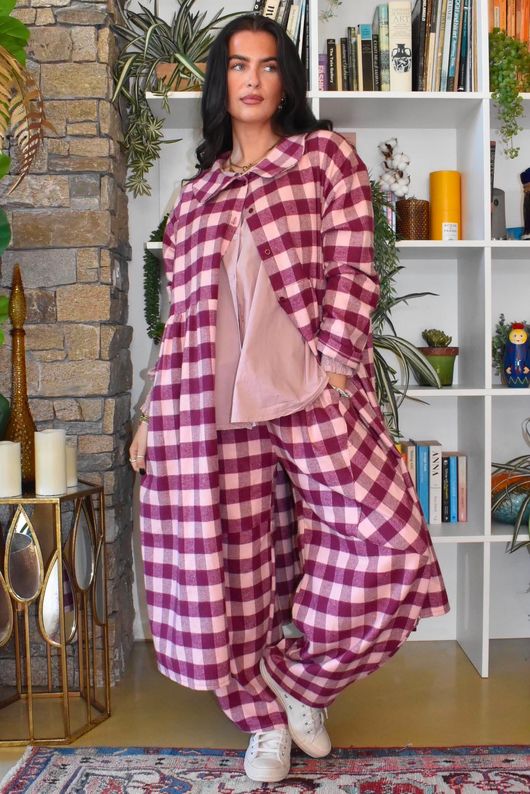 Nora Brushed Cotton Gingham Classic Barrel Pant Aubergine